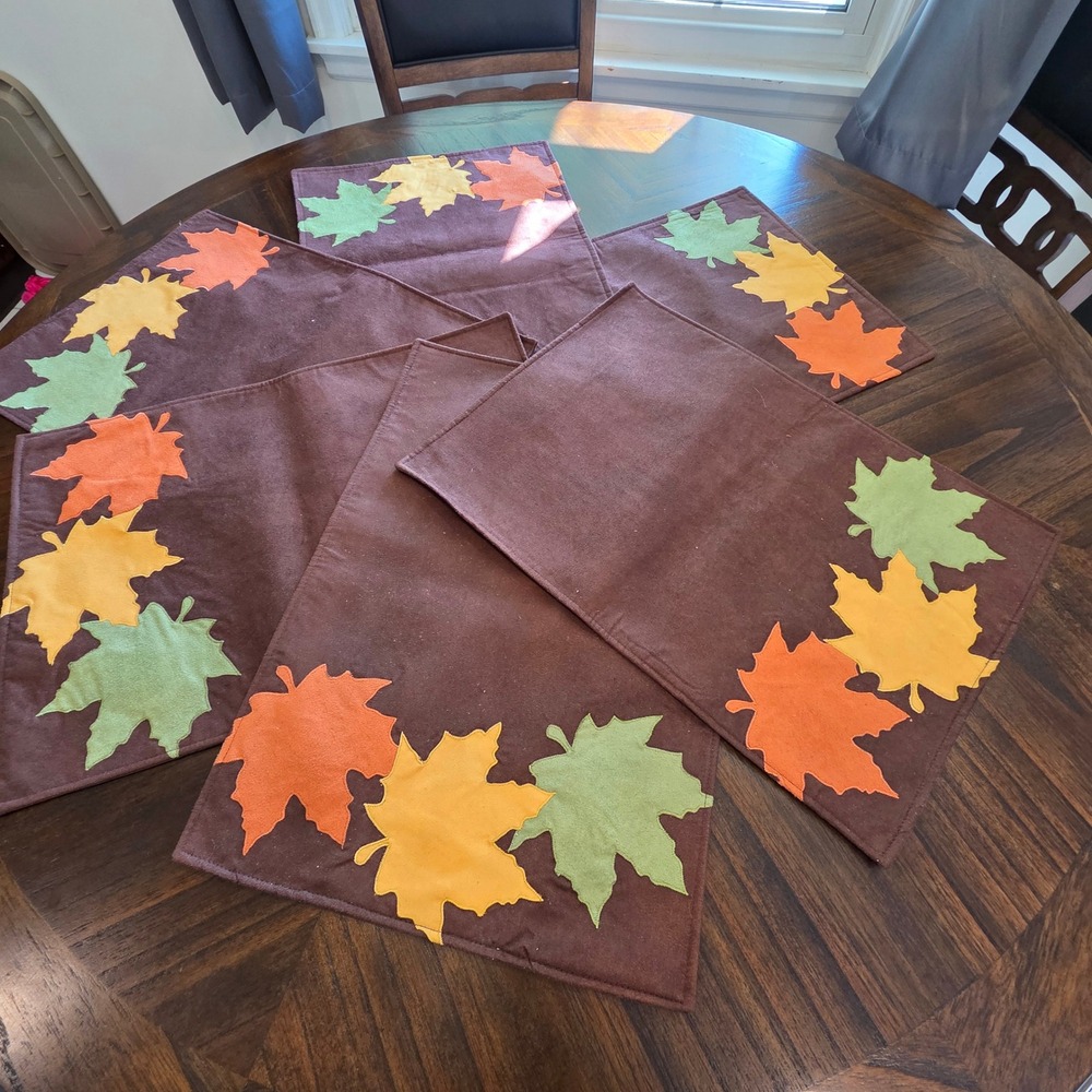 Set of 6 Fall Harvest Maple Leaf Applique Brown Placemats Thanksgiving Decor